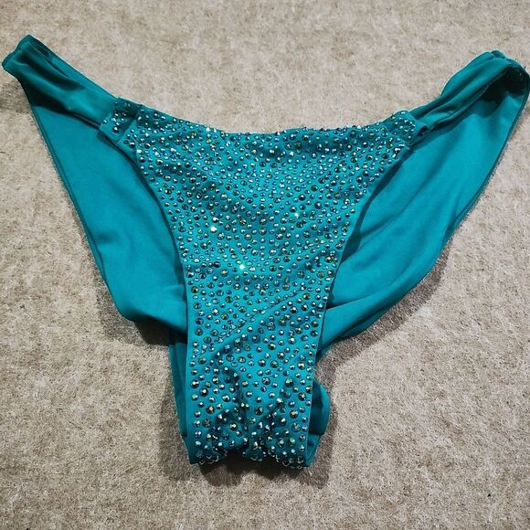 Luxury Rhinestone Teal Scrunch Butt Pull On Bikini Bottom #8 - Picture 1 of 4